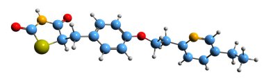 Pioglitazone iskelet formülünün 3 boyutlu görüntüsü - beyaz arka planda izole edilmiş anti-diyabetik ilaçların moleküler kimyasal yapısı