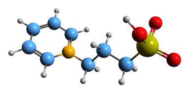 Pyridinium propanesulfonate iskelet formülünün 3 boyutlu görüntüsü - beyaz arkaplanda izole edilmiş propanesulfonik asidin moleküler kimyasal yapısı