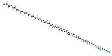 Polietilen glikol iskelet formülünün 3 boyutlu görüntüsü - beyaz arkaplanda izole edilmiş PEG polyether bileşiğinin moleküler kimyasal yapısı