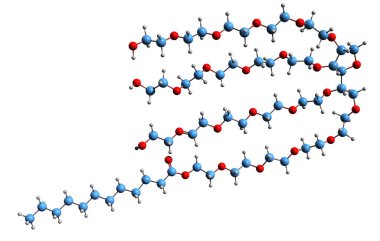 Polysorbate 20 iskelet formülünün 3B görüntüsü - beyaz arkaplanda izole edilmiş iyonik yüzeysel olmayan E432 'nin moleküler kimyasal yapısı