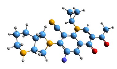 Pradofloxacin iskelet formülünün 3 boyutlu görüntüsü - beyaz arka planda izole edilmiş veteriner antibiyotiğinin moleküler kimyasal yapısı