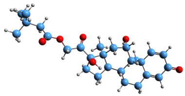  Prednisolone 'un iskelet formülünün 3 boyutlu görüntüsü - beyaz arkaplanda izole edilmiş sentetik glukokortikoid kortikosteroidin moleküler kimyasal yapısı