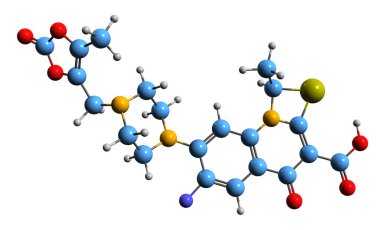  Prulifloxacin iskelet formülünün 3 boyutlu görüntüsü - beyaz arka planda izole edilmiş sentetik florokinolon antibiyotiğinin moleküler kimyasal yapısı