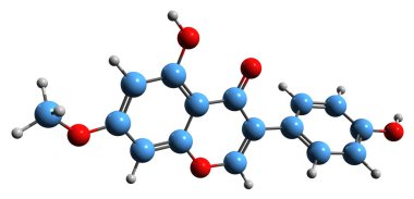 Prunetin iskelet formülünün 3 boyutlu görüntüsü - O-metillenmiş izoflavonun moleküler kimyasal yapısı beyaz arka planda izole edilmiş