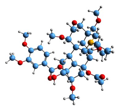  Pseudaconitine iskelet formülünün 3 boyutlu görüntüsü - beyaz zemin üzerinde izole edilmiş son derece zehirli alkaloitin moleküler kimyasal yapısı