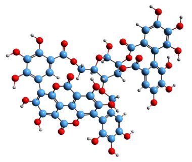  Punicalagin iskelet formülünün 3 boyutlu görüntüsü - hidrolyzable tannin moleküler kimyasal yapısı beyaz arka planda izole edildi