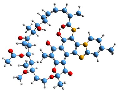 Rifaximin iskelet formülünün 3 boyutlu görüntüsü - beyaz arkaplanda izole edilmiş geniş spektrumlu antibiyotiğin moleküler kimyasal yapısı