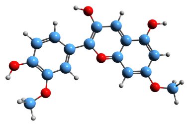  Rosinidin iskelet formülünün 3 boyutlu görüntüsü - O-metillenmiş anthocyanidin 'in moleküler kimyasal yapısı beyaz arka planda izole edildi
