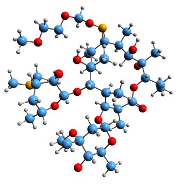  Roxithromycin iskelet formülünün 3 boyutlu görüntüsü - beyaz arka planda izole edilmiş yarı sentetik makrolit antibiyotiğin moleküler kimyasal yapısı