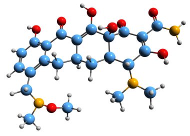 Sarecycline iskelet formülünün 3 boyutlu görüntüsü - beyaz arka planda izole edilmiş dar spektrumlu tetrasiklin türevli antibiyotiğin moleküler kimyasal yapısı