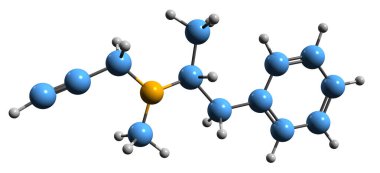 Selegiline iskelet formülünün 3 boyutlu görüntüsü - Parkinson hastalığı ilaçlarının moleküler kimyasal yapısı beyaz arka planda izole edilmiş