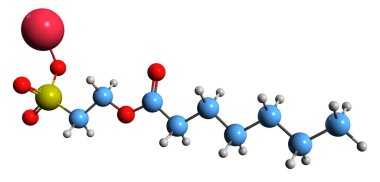 Sodyum kaproilin 3 boyutlu görüntüsü isethionate iskelet formülü - sodyum 2-dekanoyloxyethane sülfonatın moleküler kimyasal yapısı beyaz arka planda izole edildi
