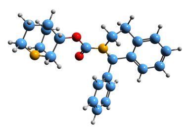  Solifenasin iskelet formülünün 3 boyutlu görüntüsü - beyaz arka planda izole edilmiş aşırı aktif mesane ilacının moleküler kimyasal yapısı
