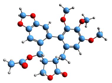  Steganasin iskelet formülünün 3 boyutlu görüntüsü - beyaz arkaplanda izole edilmiş dibenzocyclooctadiene lactone moleküler kimyasal yapısı