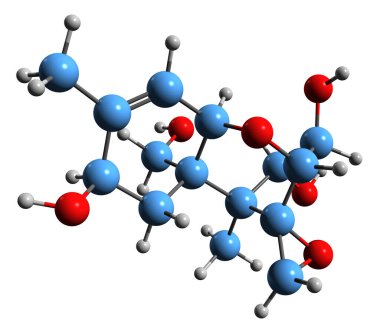  T2 tetraol iskelet formülünün 3 boyutlu görüntüsü - beyaz zemin üzerinde izole edilmiş mikotoksin T-2 tetraol toksinin moleküler kimyasal yapısı