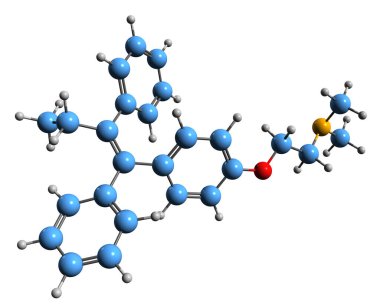 Tamoxifen iskelet formülünün 3 boyutlu görüntüsü - beyaz arkaplanda izole edilmiş östrojen reseptör modülatörünün moleküler kimyasal yapısı