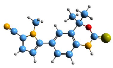 Tanaproget iskelet formülünün 3 boyutlu görüntüsü - steroidal olmayan progestin 'in moleküler kimyasal yapısı beyaz arkaplanda izole edildi