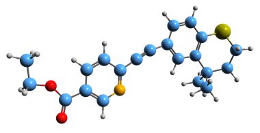 Tazaroten iskelet formülünün 3 boyutlu görüntüsü - beyaz arka planda izole edilmiş reçeteli topikal retinoidin moleküler kimyasal yapısı