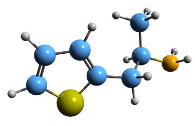  Tiyopamin iskelet formülünün 3 boyutlu görüntüsü - beyaz arka planda izole edilmiş uyarıcı uyuşturucunun moleküler kimyasal yapısı