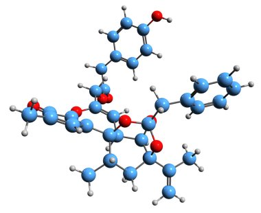 Tinyatoxin iskelet formülünün 3 boyutlu görüntüsü - nörotoksinin moleküler kimyasal yapısı beyaz arka planda izole edilmiş