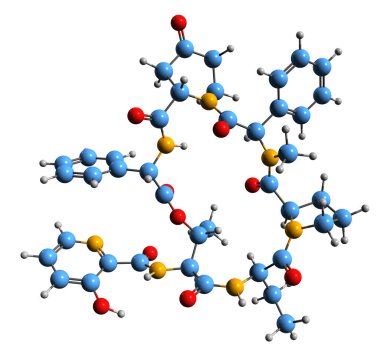 Virginiamycin S1 iskelet formülünün 3 boyutlu görüntüsü - beyaz arka planda izole edilmiş makrolit antibiyotiğinin moleküler kimyasal yapısı