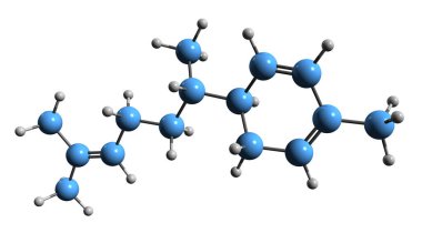  Zingiberene iskelet formülünün 3 boyutlu görüntüsü - beyaz arkaplanda izole edilmiş monoklik seslerin moleküler kimyasal yapısı