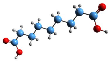 Azelaik asit iskelet formülünün 3 boyutlu görüntüsü - beyaz arkaplanda izole edilmiş non-anedioik asidin moleküler kimyasal yapısı