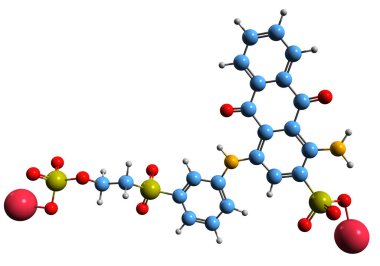 Remazol 'un 3B görüntüsü Parlak Mavi R iskelet formülü - beyaz arkaplanda izole edilmiş şarbon boyasının moleküler kimyasal yapısı