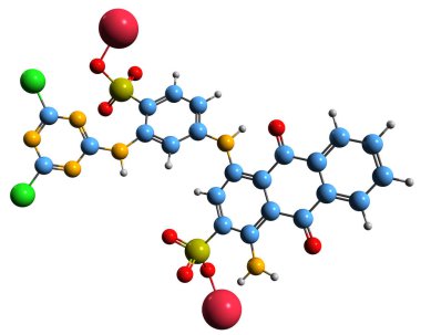 Reaktif Mavi 1 iskelet formülünün 3B resmi - beyaz arkaplanda izole edilmiş anthraquinone kumaş boyasının moleküler kimyasal yapısı