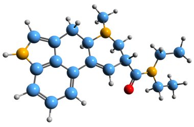 Beyaz zemin üzerinde izole edilmiş Mycotxin 'in moleküler kimyasal yapısı olan ergot alkaloid iskelet formülünün 3 boyutlu görüntüsü