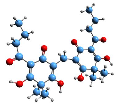  Albaspidin iskelet formülünün 3 boyutlu resmi - beyaz arkaplanda izole Polystichalbin 'in moleküler kimyasal yapısı