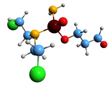 3 boyutlu aldofosfamid iskelet formülü - beyaz arka planda izole edilmiş sitostatik antitümör kemoterapi ilacının moleküler kimyasal yapısı