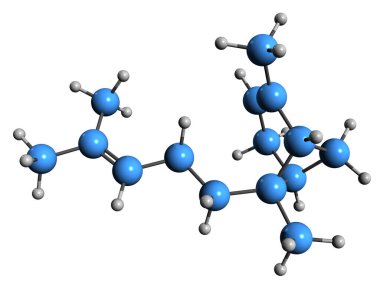 Alfa-bergamoten iskelet formülünün 3 boyutlu görüntüsü - beyaz arkaplanda izole edilmiş bergamot yağının bileşeninin moleküler kimyasal yapısı