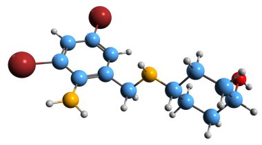  Ambroxol iskelet formülünün 3 boyutlu görüntüsü - solunum hastalıklarının moleküler kimyasal yapısı beyaz arka planda izole edilmiş ilaçlar