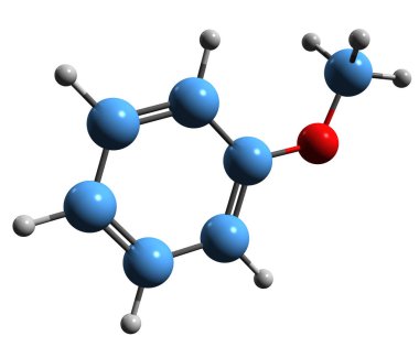  Anisole iskelet formülünün 3 boyutlu görüntüsü - beyaz arkaplanda izole edilmiş metoksibenzenin moleküler kimyasal yapısı