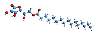 Ascorbyl palmital formülünün 3 boyutlu görüntüsü - L-Ascorbic asidin moleküler kimyasal yapısı 6-hexadecanoate beyaz arka planda izole edildi