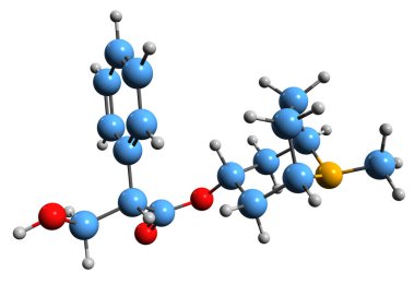  Atropin iskelet formülünün 3 boyutlu görüntüsü - beyaz arkaplanda izole edilmiş tropan alkaloidinin moleküler kimyasal yapısı