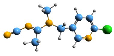 Asetamit iskelet formülünün 3 boyutlu görüntüsü - beyaz arka planda izole edilmiş neonicotinoid böcek ilacının moleküler kimyasal yapısı
