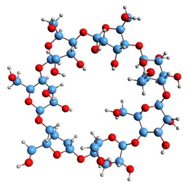  Beta-Cyclodextrin iskelet formülünün 3 boyutlu görüntüsü - beyaz arkaplanda izole edilmiş makrosiklet oligosakkaritin moleküler kimyasal yapısı