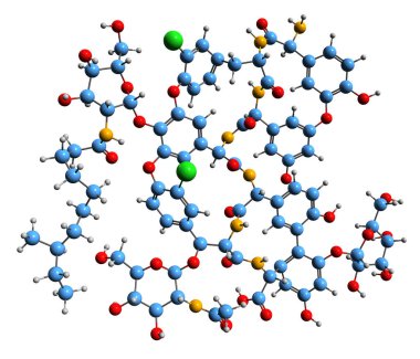  Teicoplanin 3 boyutlu görüntüsü 2-4 iskelet formülü - beyaz zemin üzerinde izole edilmiş glikopeptit antibiyotiğinin moleküler kimyasal yapısı