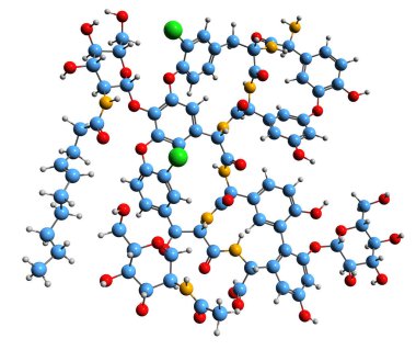  Teicoplanin 3 boyutlu görüntüsü 2-1 iskelet formülü - beyaz zemin üzerinde izole edilmiş glikopeptit antibiyotiğinin moleküler kimyasal yapısı