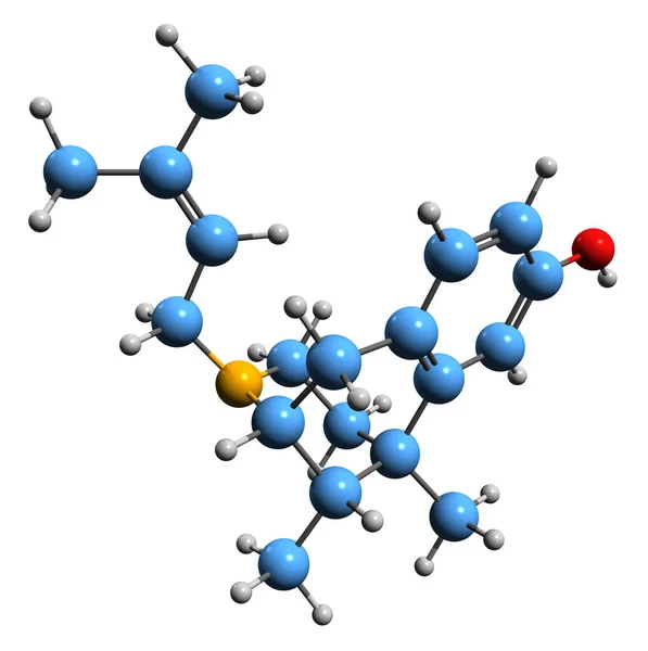 ペンタゾシン骨格式の3D画像 白地に単離された鎮痛剤の分子化学構造 — ストック写真