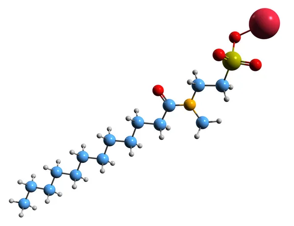 甲基月桂酰牛磺酸钠骨架公式的三维图像 白底分离表面活性剂的分子结构 — 图库照片