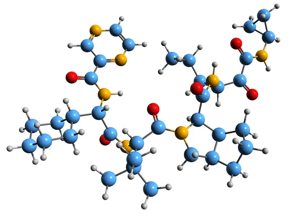 Telapriverr骨格式の3D画像 白地に単離されたC型肝炎医薬品の分子化学構造 — ストック写真