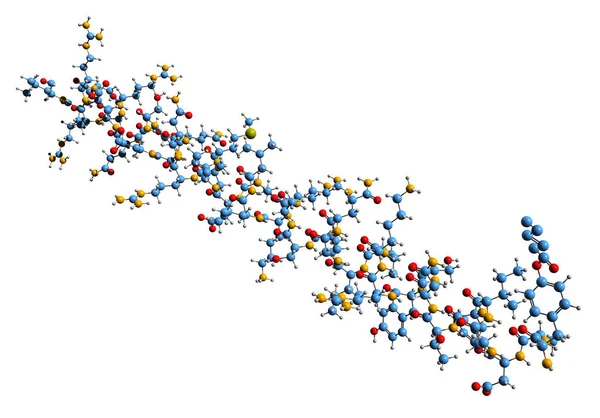 Tesamorelin骨架公式的三维图像 白色背景下分离的合成Ghrh分子结构 — 图库照片