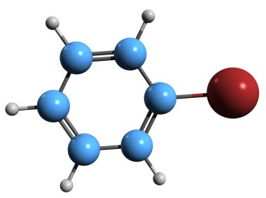 Bromobenzen iskelet formülünün 3 boyutlu görüntüsü - Amil halit fenil Bromid 'in moleküler kimyasal yapısı beyaz arkaplanda izole edildi
