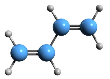 Butadiene iskelet formülünün 3 boyutlu görüntüsü - Bivinil 'in moleküler kimyasal yapısı beyaz arkaplanda izole edilmiş