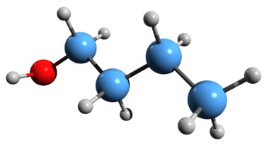  Butanol iskelet formülünün 3 boyutlu görüntüsü - beyaz arkaplanda izole edilmiş bütil alkolün moleküler kimyasal yapısı