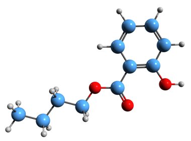  Butyl salisilat iskelet formülünün 3 boyutlu görüntüsü - parfüm maddesi Butyl 2-hidroksibenzoatın moleküler kimyasal yapısı beyaz arka planda izole edildi