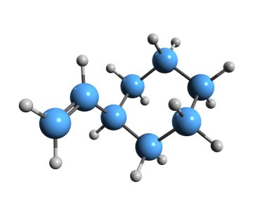  Vinilsikloheksan iskelet formülünün 3 boyutlu görüntüsü - Ethenylcyclohexane 'ın moleküler kimyasal yapısı beyaz arkaplanda izole edildi